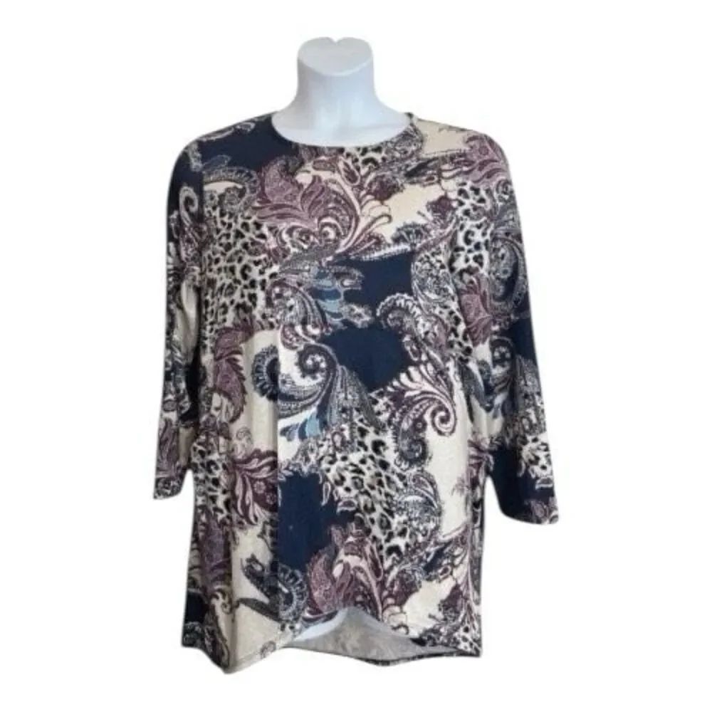 Chico’s Blue Purple Paisley High Low Hem Tunic Size 2 (Large) Stretch Scoop Neck - Picture 2 of 12